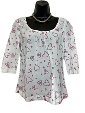 WHITE STUFF 8/XS White/Pink Embroidered Heart 1/2 Sleeve Top