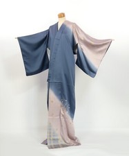 Kimono / Japanese Blue-Gray Silk Homongi with Embroidered Kaioke / 2401312