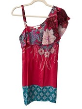 Glam Floral One Shoulder Mini Dress Size Medium Red Blue Silk Sundress Bohemian