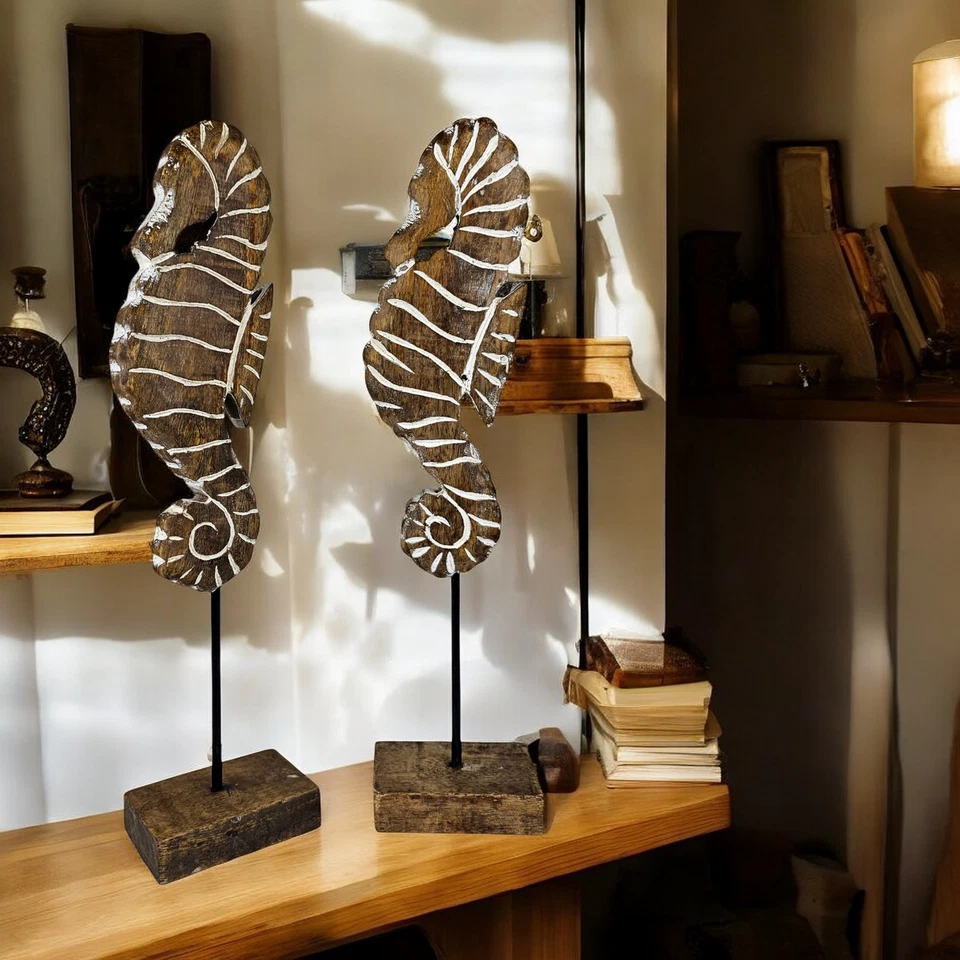 Dekofigur Seepferdchen 2er Set Figur Tischdeko Holz Maritime Deko Mangoholz  - Bild 4 von 4