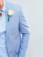 Fashion Sky Blue Linen Suits Men Tailored Slim Fit Light Weight Linen Groom Suit
