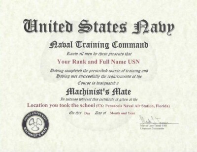 US Navy Machinist s Mate School Course Replacement Certificate 8_5X11 65 Vellum