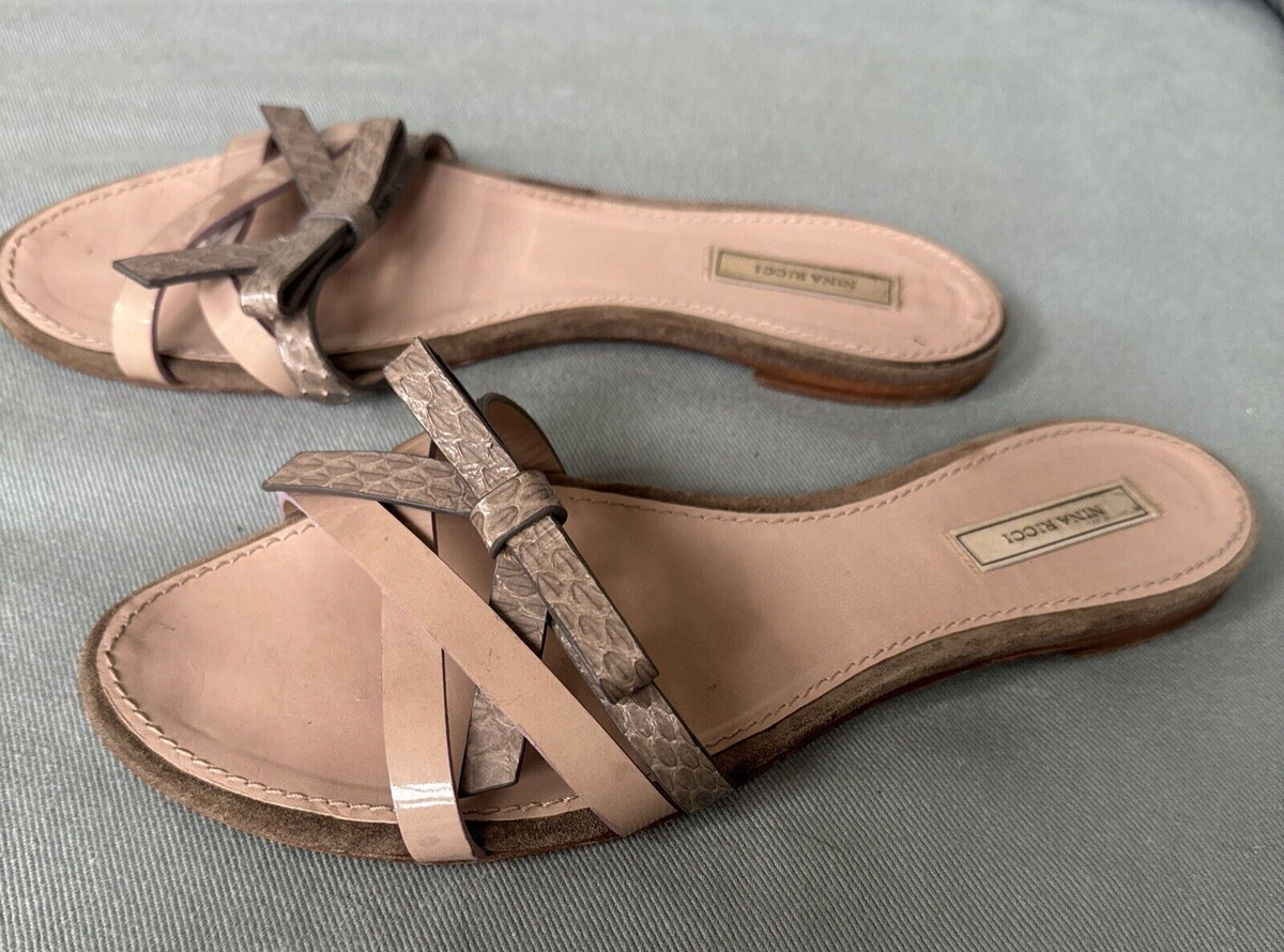 Nina Ricci Flat Slip-on Sandals Nude w/ Taupe Snakeskin Bow Size