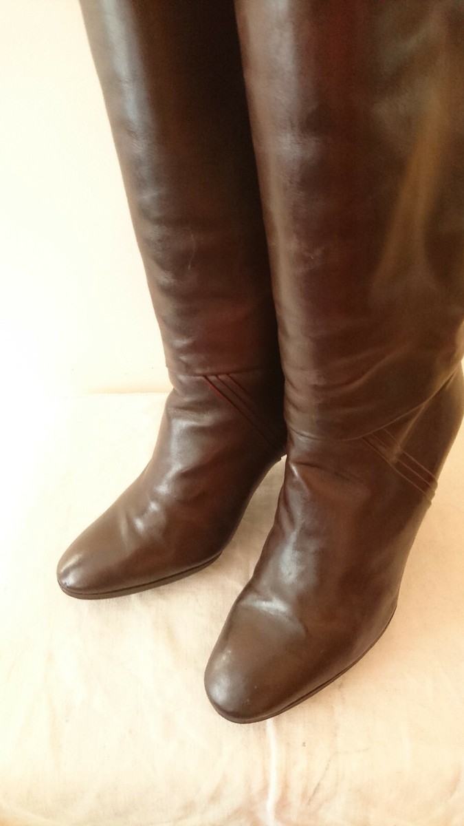 Bottes Vintage CASSANDRE Paris (Italie) - Taille 38,5 EU (US 7) - Couleur Gold/Fauve - Cuir - Talon Haut +7cm - Année 1982