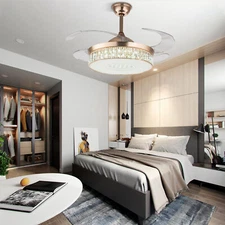 42" Modern Ceiling Fan Light Crystal LED Chandelier Invisible Lamp w/Remote Gold