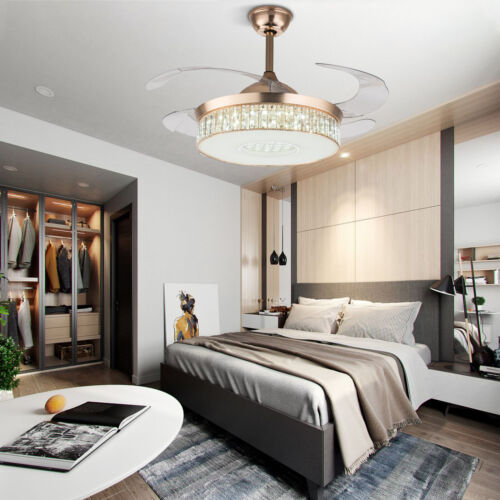 42'' Retractable Ceiling Fan Light LED Dimmable Crystal Chandelier + Remote New - Picture 7 of 11