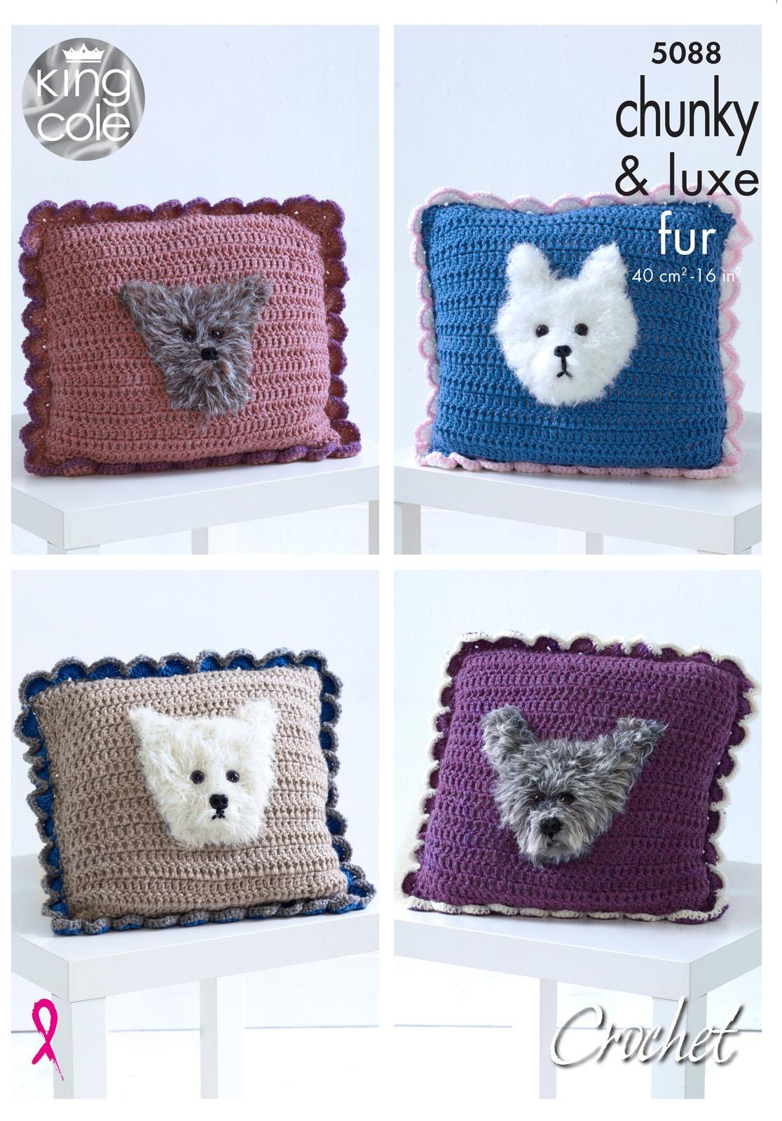King Cole 5088 Crochet Pattern Dog Cushion in Big Value Chunky and Luxe Fur