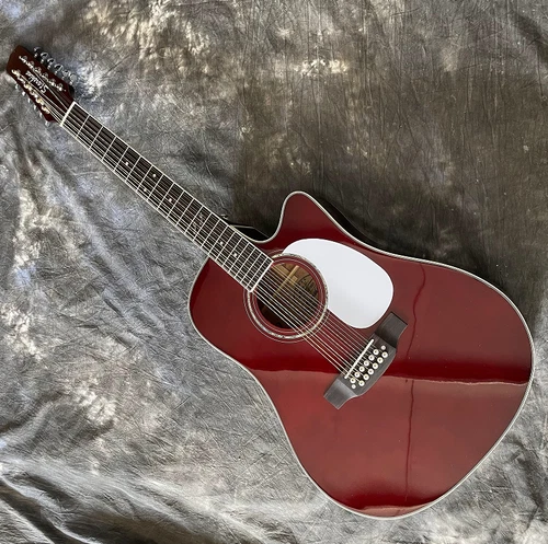Cutaway 12 String TKM Acoustic Electric Guitar Red Solid Spruce Mahogany Back