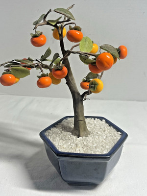 Vintage Japanese Lucky Glass 9'' Potted Persimmon Fruit Bonsai Tree