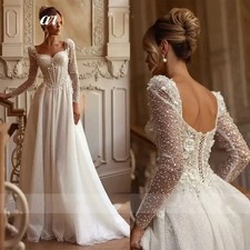 Elegant A-Line Wedding Dresses Long Sleeves Lace Sqeuins Applique Bridal Gowns