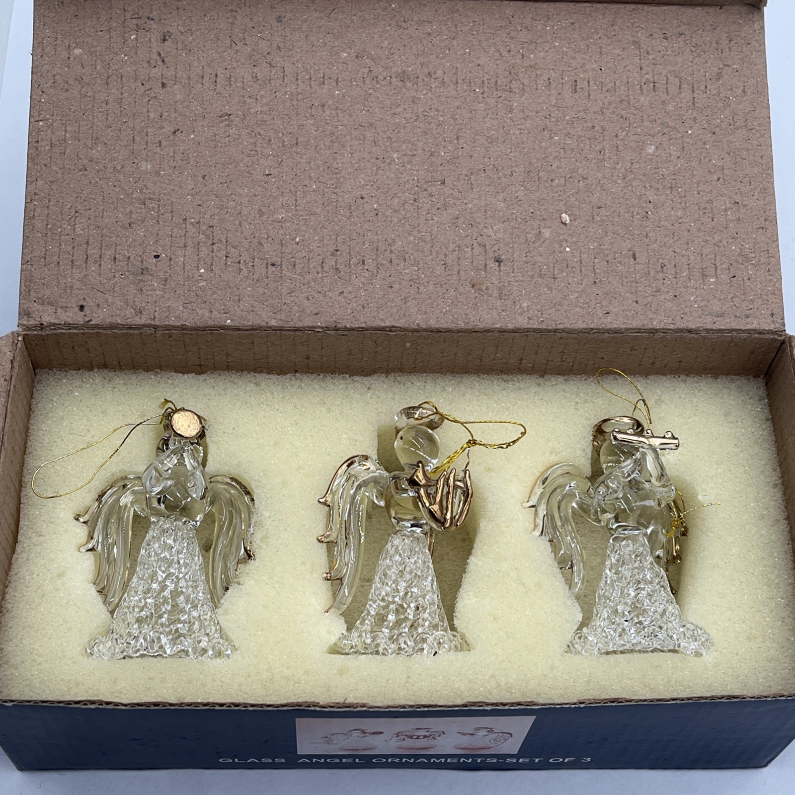 New in Box VTG Hand Blown Spun Glass Angel Christmas Ornaments Gold Trim