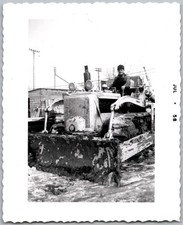 Vtg Snapshot Man Operating Heavy Bulldozer Tractor Construction Site July 1958