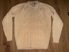 Vtg Irisfree Irish Wool Aran Cable Knit Pullover Sweater Cream Ireland Fisherman