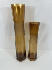 Set Of 2 Tall Heavy Mid Century Art Amber Glass Vases