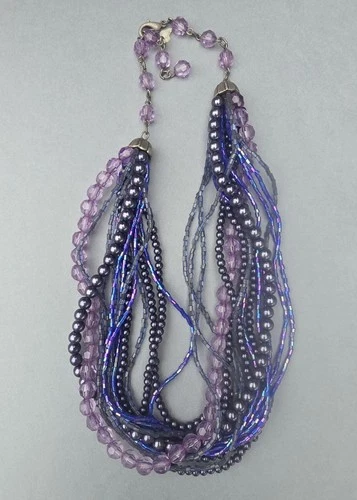 Vintage Multi Strand Purple Torsade Necklace Faux Pearl Glass Bugle Seed Beads - product listing photo