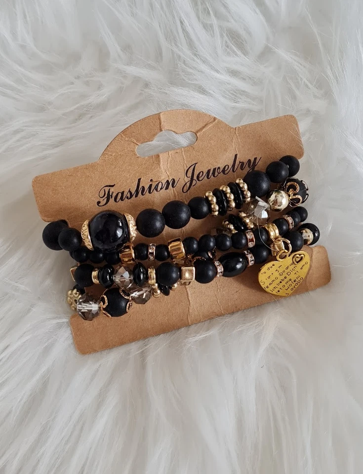 Damen Armband Set 4 Stück Schwarz Gold Perlen Herz Charm Elastisch Geschenk - Bild 2 von 4