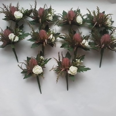 10 Disteln im schottischen Stil Hochzeit Knopfloch Gypsophilie ivory rose