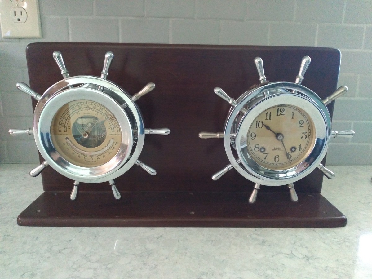 Vintage 1946 Chelsea Pilot Ships Bell Mechanical Clock & Barometer
