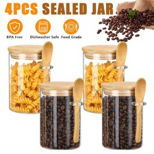 Image of Set of 4 clear Glass jars with Natural Bamboo lid Spoon Spice Tea Coffee Sugar