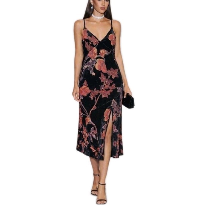 chinese dress ladies Rachel Zoe Women's Floral Print Asymmetric Cascading Ruffle Midi Dress (Black, 8) main image 1
