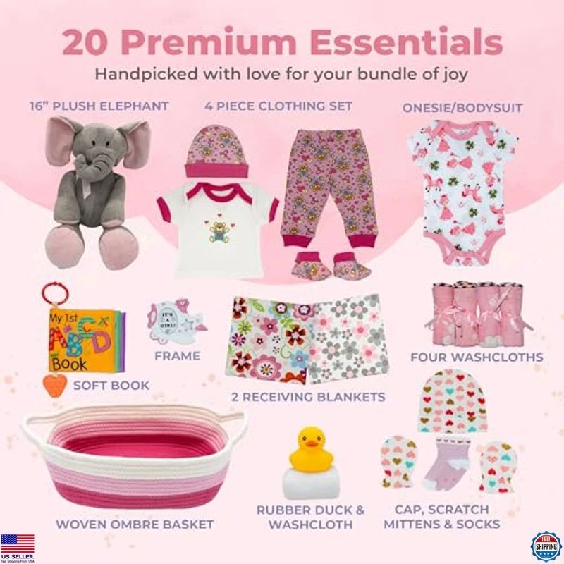 Cesta de regalo de lujo para bebé recién nacido niña | Juego de capas esenciales | Juego de regalo rosa Foto 2 de 4