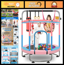 60" Adjustable Toddler Trampoline with Enclosure Net, Gym Bar  Basketball Hoop,