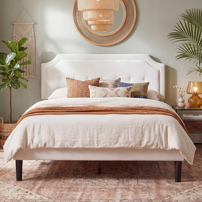 Off White Queen Velvet Bed Frame with Headboard, Easy Assembly, No Box Spring