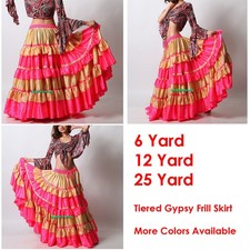 LGold/DeepPink Satin 6/12/25 Yard Tiered Gypsy Frill Skirt Belly Dance Flamenco