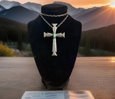Large VTG Native Sterling Turquoise Cross Pendant 20  Necklace 34g AN526-36 AO