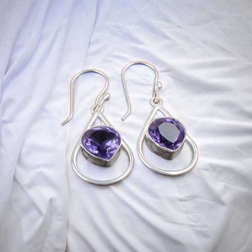 Natural Iolite Gemstone 925 Sterling Silver Handmade Jewelry Hook Earrings 1.50" - Picture 3 of 6