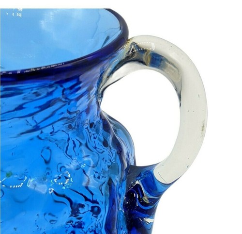 Vintage Cobalt Dark Blue Glass Crinkle Creamer Clear Applied Handle Hand Blown - Picture 8 of 8