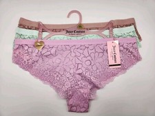 JUICY COUTURE 3 Pack Women's XL Breathable Cheeky Lace Panties Beige Green Lilac