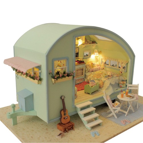 Wooden Doll House My Green Little House Barbie Dollhouse Kids DIY Toys Handcraft - Picture 3 of 11