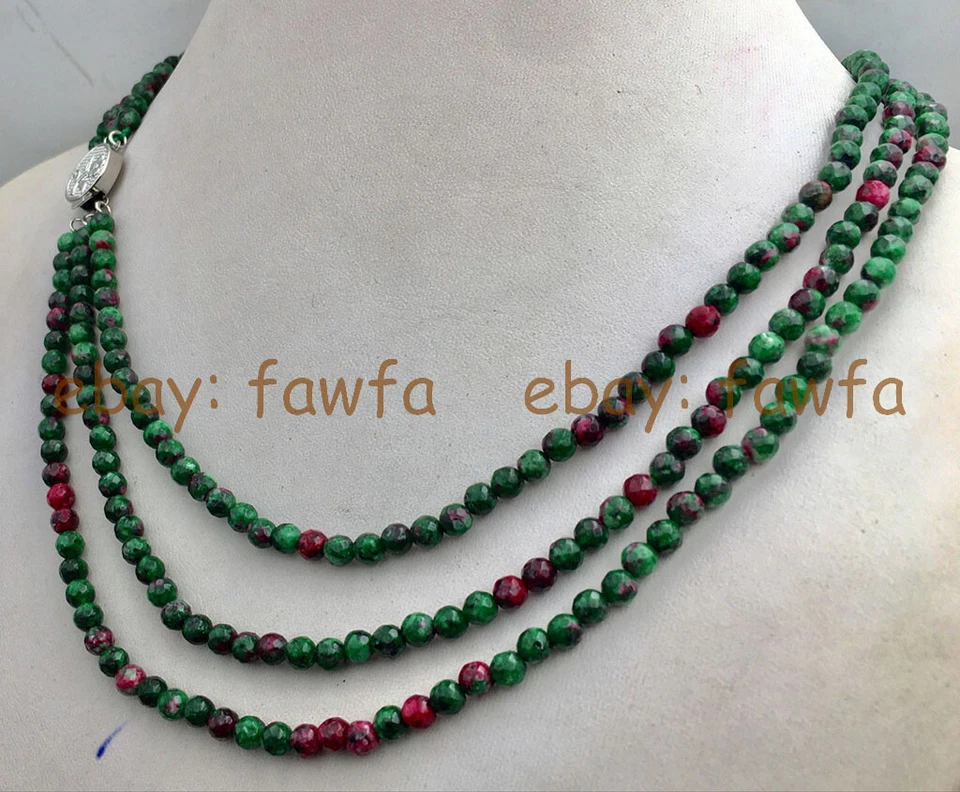 Collar de cuentas redondas gemas rojas naturales de 3 filas de 4 mm en gemas facetadas de zoisita de 18-20"" Foto 2 de 3