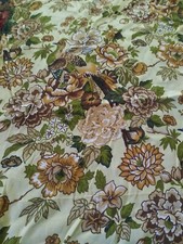 Vintage 1970s Bird & Flower Print Poly Blend Brown Fabric No Stretch 3.75 Yards