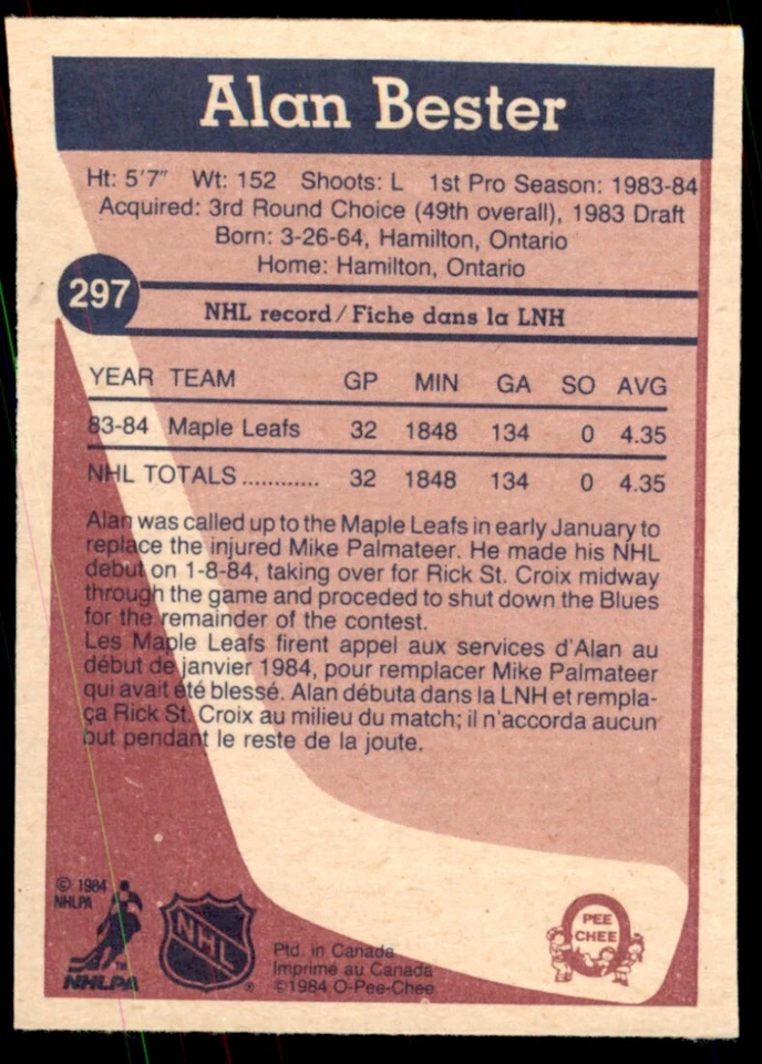 1984-85 O-Pee-Chee High Grade Allan Bester Rookie #297 - Image 2 of 2