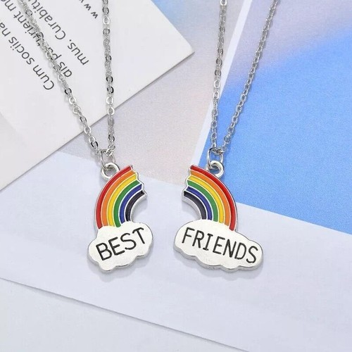 2X COLLANA CATENA CIONDOLO ARCOBALENO PENDENTE BEST FRIENDS AMICIZIA AMORE CUORE - Foto 4 di 8