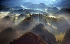 Landscape nature mist forest trees morning sunbeams Custom Gaming Mat Desk