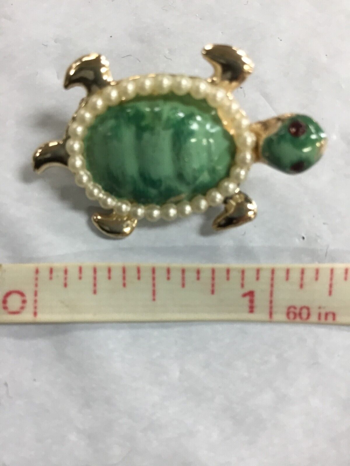 VINTAGE Turtle Brooch  Green Enamel/Pearls & Gold… - image 2