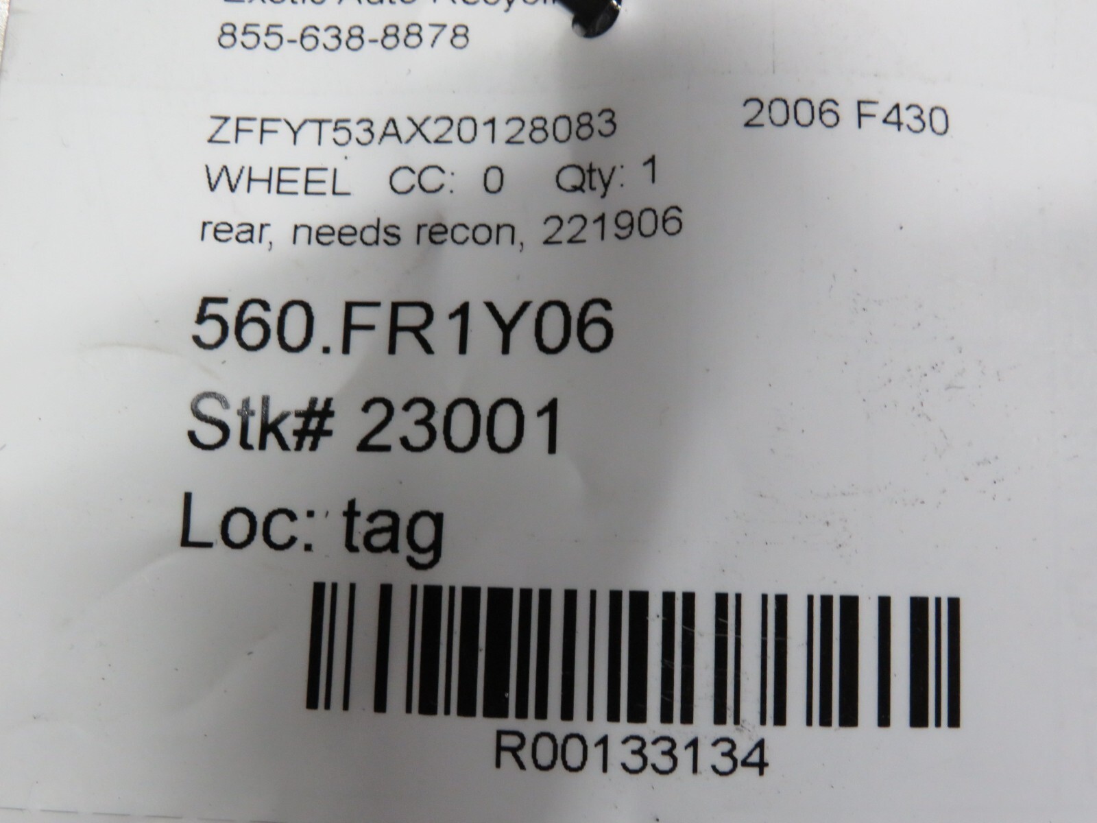 Ferrari F430 Spider, Coupe, Rear Wheel, Needs Recon, Used, P/N 221906