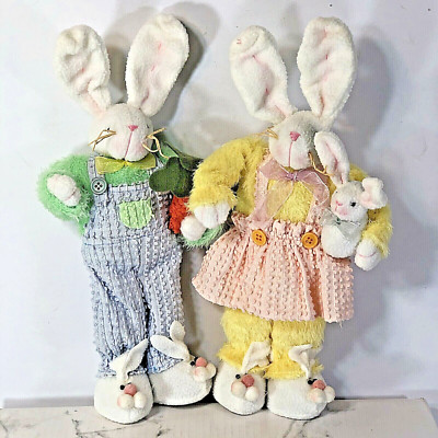 Set of 2 Mr & Mrs Plush Standing Bunny Rabbits 14'' Easter Decor Fabric Clothes