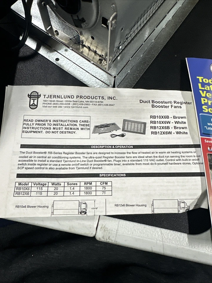 Amplificador de registro de conductos Tjernlund 6 pulgadas x 10 pulgadas registro de ventilador marrón RB10X6B Foto 4 de 4