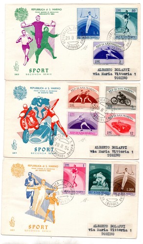 1954 Sport 2 n. 409/418 serie su tre FDC Venetia per Torino
