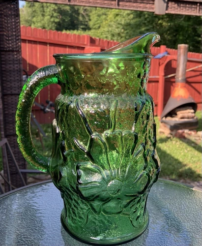 Anchor Hocking Green Glass Rainflower Pitcher Vintage