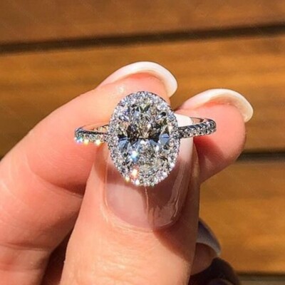 2.2 TCW Oval Moissanite Engagement Halo Engagement Ring In 14k White Gold Plated