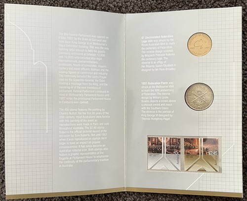2001 $1 & 1951 Florin Federal Parliament 1901 - 2001 Coin & Stamp Folder - Picture 2 of 3
