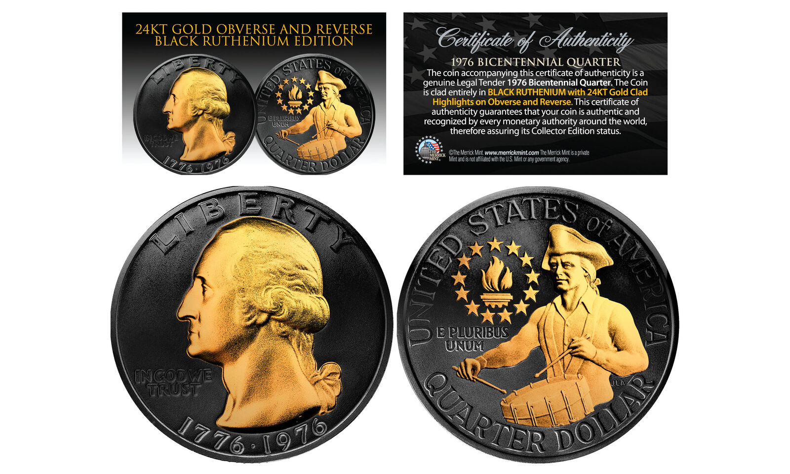 1976 BLACK RUTHENIUM Bicentennial US Quarter Coin w/ 24K GOLD features 2-Sided