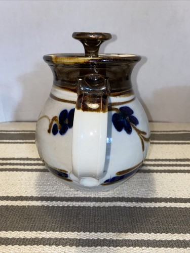 Vintage Handmade Pottery Coffee / Tea Pitcher & 4 Mugs Blue Brown Floral Glazed - Picture 6 of 12