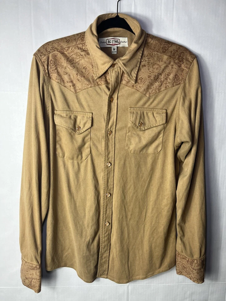 Camisa BC Ethic Para Hombres Mediana Marrón Poliéster Occidental Abotonada Perla Broches de presión Vaquero Foto 3 de 4