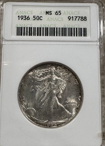 1936 50C Silver Walking Liberty Half MS 65 ANACS Rim Toning